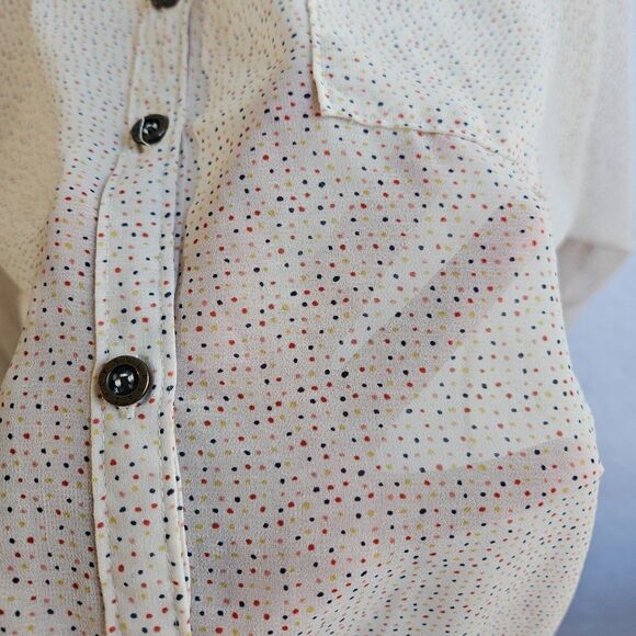 Quiksilver Women Button up Blouse Sz L Semi Sheer Raglan 3/4" Sleeve Polka Dots - Picture 5 of 16